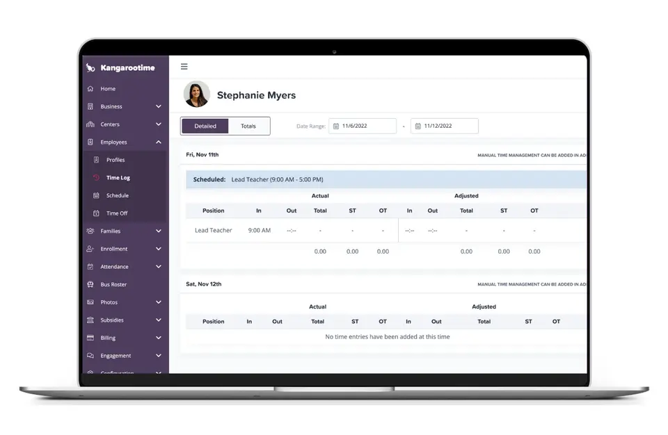 Kangarootime childcare management software home screen