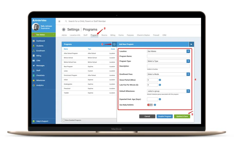 Kindertales childcare management software home screen
