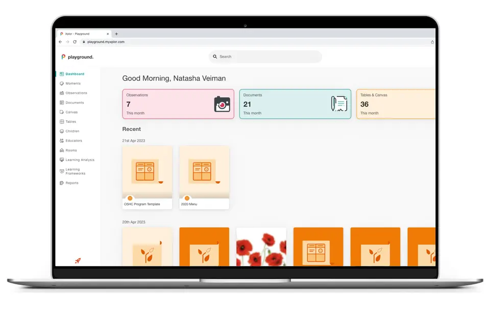 Playground childcare management software home screen