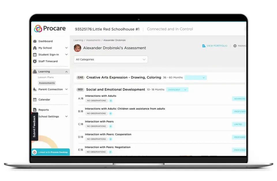 Procare childcare management software home screen