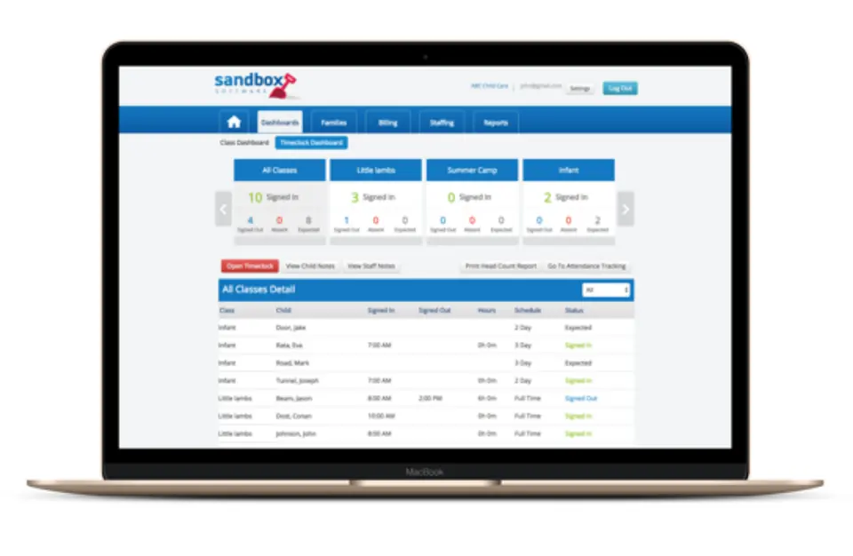 Sandbox childcare management software home screen