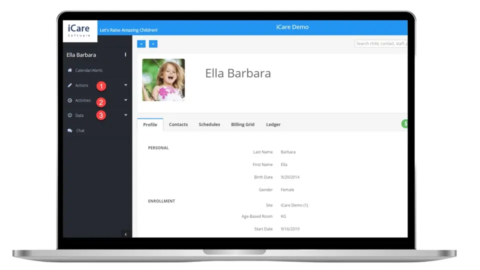 iCare childcare management software home screen