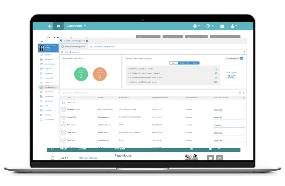 Illumine childcare management software home screen