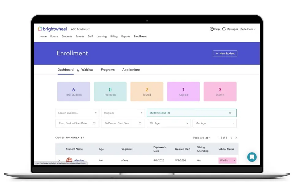 Brightwheel childcare management software home screen