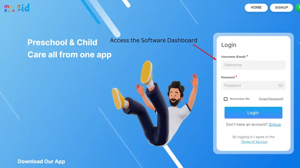 Logging in to MyKidReports to open the childcare billing software dashboard
