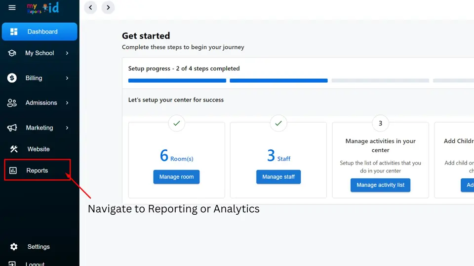 Navigating to the reporting and analytics section of MyKidReports billing software