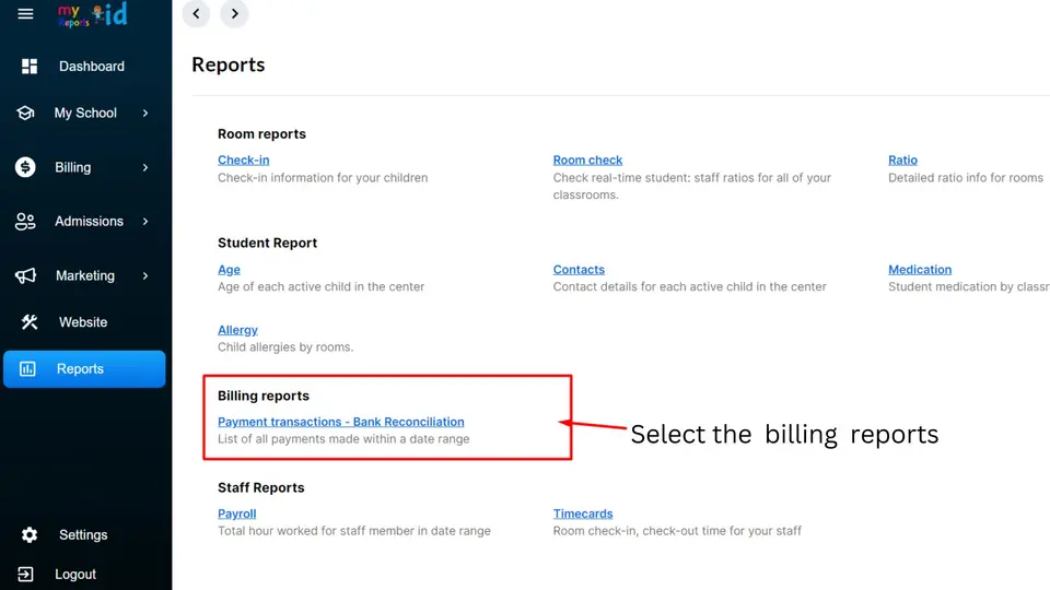 Selecting a billing report type in the MyKidReports analytics screen